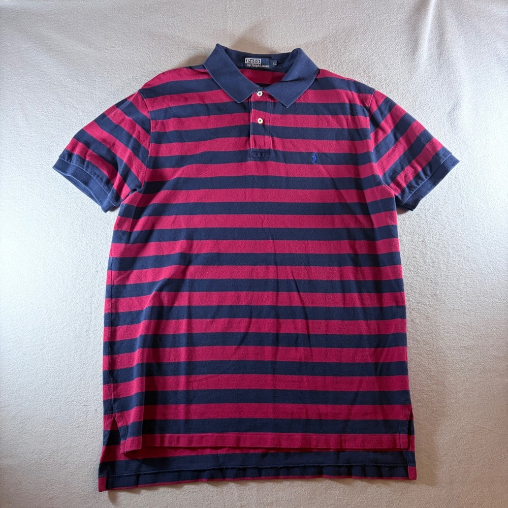 Polo Ralph Lauren Mens XL Blue Red Striped Short Sleeve Pique Polo Shirt